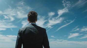 A man in a suit looks at the sky with determination and peace, reflecting on his goals and dreams photo