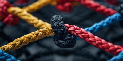 A lively, detailed image features colorful rope knots forming a geometric grid pattern photo