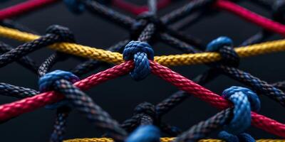 A closeup view showcasing vibrant, colorful ropes intricately woven into netting photo