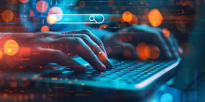 Hands Typing with Digital Search Icon and Cyber Network, Symbolizing Technology Concept photo
