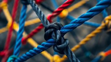 A lively, detailed image features colorful rope knots forming a geometric grid pattern photo
