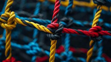 A lively, detailed image features colorful rope knots forming a geometric grid pattern photo