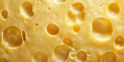 Detailed closeup view showcasing the texture of Swiss cheese with characteristic holes photo