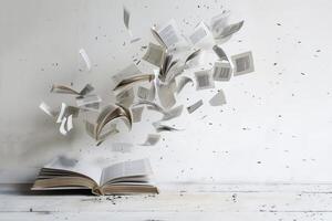 An image illustrating an open book with pages fluttering, symbolizing creativity and imagination photo