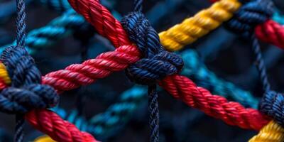 A lively, detailed image features colorful rope knots forming a geometric grid pattern photo