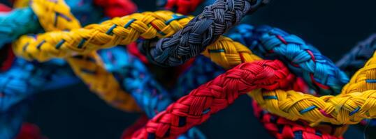 A lively, detailed image features colorful rope knots forming a geometric grid pattern photo