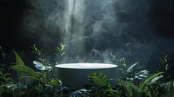 Misty Forest Podium is lit by Enigmatic Light, forming captivating and mysterious ambiance photo