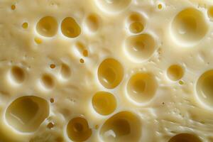 Detailed closeup view showcasing the texture of Swiss cheese with characteristic holes photo