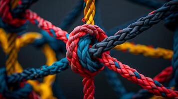 A lively, detailed image features colorful rope knots forming a geometric grid pattern photo