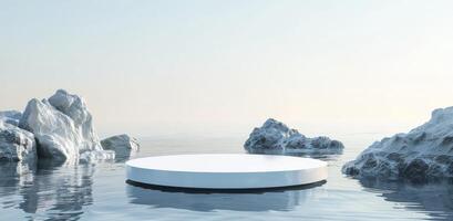 Minimalistic Blue Background with a White Marble Podium on Water surrounded by Rocks photo