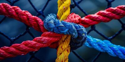 A bright rope knot stands out on a vibrant background, contrasting with a dark net photo