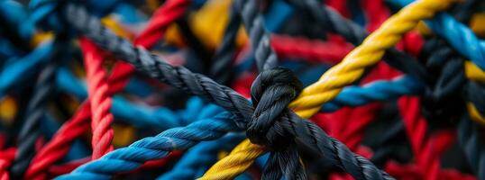 A lively, detailed image features colorful rope knots forming a geometric grid pattern photo