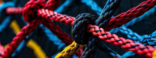 A lively, detailed image features colorful rope knots forming a geometric grid pattern photo