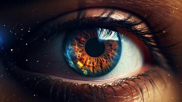 Detailed closeup of an eye with fiery colors, showcasing intricate features and captivating details photo