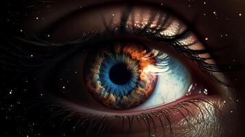 Detailed eye with cosmic elements in fiery colors, creating intense visual experience photo
