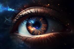 Cosmic Eye fusion of galaxy and human eye, blending celestial and earthly features in digital art photo