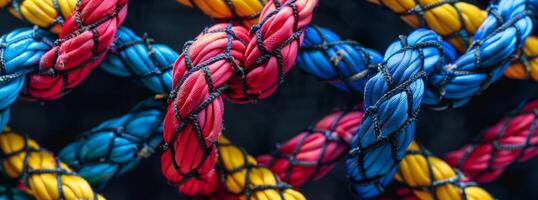 A lively, detailed image features colorful rope knots forming a geometric grid pattern photo