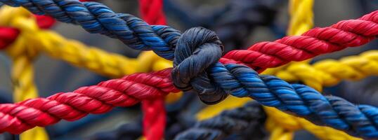 A lively, detailed image features colorful rope knots forming a geometric grid pattern photo