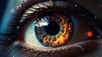 Detailed eye with cosmic elements in fiery colors, creating intense visual experience photo