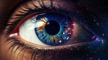 Detailed eye with cosmic elements in fiery colors, creating intense visual experience photo