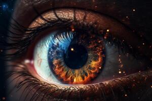 Detailed eye with cosmic elements in fiery colors, creating intense visual experience photo