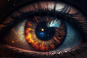 Detailed eye with cosmic elements in fiery colors, creating intense visual experience photo