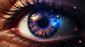 Detailed eye with cosmic elements in fiery colors, creating intense visual experience photo