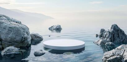 Minimalistic Blue Background with a White Marble Podium on Water surrounded by Rocks photo