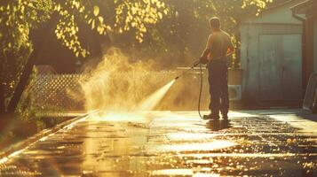 Man pressure washes driveway at sunset, sun reflects on pavement, creating serene atmosphere photo