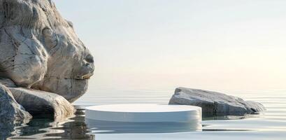 Minimalistic Blue Background with a White Marble Podium on Water surrounded by Rocks photo