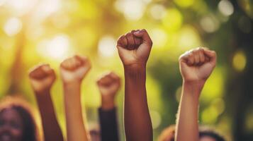 A diverse group of passionate individuals raises their fists in solidarity, symbolizing unity and strength during a peaceful protest in a vibrant, sunlit park full of energy and life photo