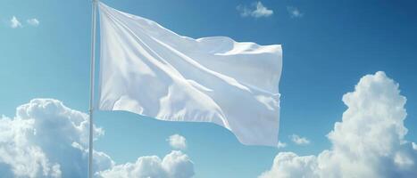 A pristine white flag gently flutters on a tall flagpole, set against a backdrop of fluffy white clouds scattered across a brilliant blue sky, symbolizing both peace and poignant surrender photo