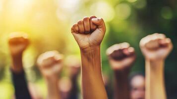 A lively group of passionate individuals raise their fists in solidarity at a peaceful protest in a beautiful park, symbolizing unity and strength amidst the tranquility of nature photo