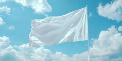 A pure white flag flutters atop a tall pole, contrasting with fluffy clouds in the blue sky, symbolizing peace and the acceptance of surrender in a world seeking harmony and understanding photo