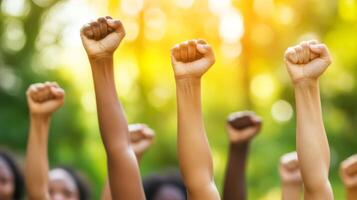 In a picturesque park, a diverse group stands united at a peaceful protest, raising fists to symbolize strength and unity, surrounded by natures beauty, emphasizing the importance of shared values photo