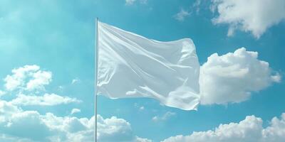 A white flag gently flutters on a tall flagpole against a backdrop of fluffy clouds and a bright blue sky, powerfully symbolizing peace, hope, or surrender in a tranquil setting of nature photo