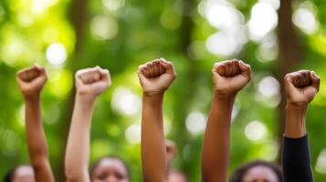A diverse collection of individuals stands together, raising their fists high in solidarity during a peaceful protest held in a vibrant park, symbolizing unity, empowerment, and collective strength photo