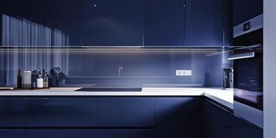 This stunning kitchen features elegant deep indigo cabinets and pristine white quartz countertops, enhanced by a captivating gradient tile backsplash blending shades of blue and indigo photo