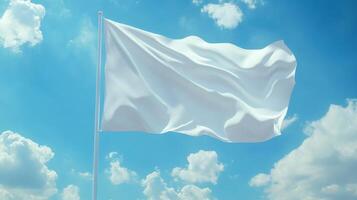 A pristine white flag elegantly flutters on a tall flagpole, beautifully set against an expansive bright blue sky that is adorned with fluffy white clouds, symbolizing peace and profound tranquility photo