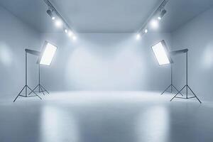 An empty, welllit photo studio that is fully equipped with modern lighting equipment, making it an ideal space for professional photography and innovative creative projects of all kinds