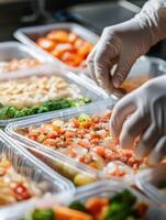 A detailed closeup shot of a gloved hand meticulously preparing a variety of healthy meals, highlighting the importance of maintaining hygiene in food handling practices for achieving balanced diets photo