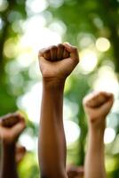 In a lively park, a diverse group gathers, raising their fists in solidarity during a peaceful protest, symbolizing their shared strength and unity in the fight for justice and equality photo