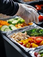 The image shows gloved hands preparing nutritious meals, highlighting the importance of hygiene in food handling for a balanced diet rich in essential nutrients and flavors for overall health photo