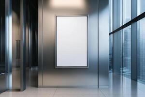 A sleek and stylish mockup of a vertical poster frame is situated artfully in a contemporary elevator with elegant glass walls, making it the ideal spot for showcasing media displays effectively photo