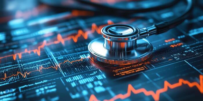 A stethoscope rests on a digital health chart, symbolizing the fusion of medical technology and data analytics in modern healthcare photo