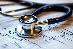 A stethoscope elegantly rests atop a digital health chart, clearly showcasing the powerful integration of advanced technology and critical data in todays modern healthcare practices and solutions photo