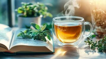 A warm cup of fragrant herbal tea steams gently beside an open book resting on a sunlit table, creating an inviting and cozy atmosphere that is simply perfect for relaxation and mindfulness practices photo