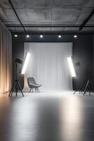 This spacious and modern photo studio features elegant lighting setups along with minimalistic decor, which makes it perfect and ideal for conducting professional photography sessions of any kind