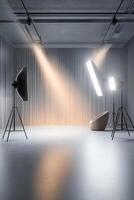 An empty photo studio equipped with advanced lighting equipment, ideal for professional photography sessions and various creative projects that require precise and controlled illumination
