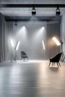 This vacant photo studio offers a modern ambiance with stylish chairs and inviting lighting, perfect for professional photography and creative shoots that inspire imagination and artistry